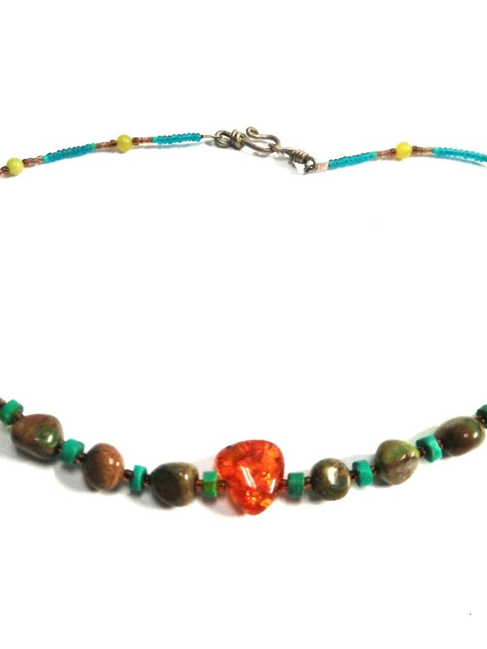 Beaded Choker Necklace 16" Turquoise, Brown and Amber Beads Toggle Clasp
